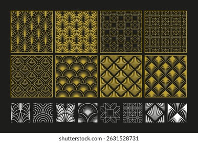Art Deco fan seamless pattern set. Gold art nouveau ornamental background. Interior decoration design.