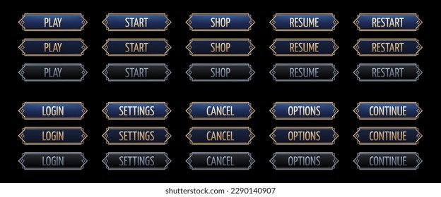 Art deco fantasy game interface button vector set. Ui animation elements for rpg with gold border. 1920s elegant title with border for mobile menu or popup design. Cancel or start pressed click sprite