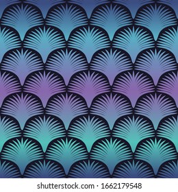 Art Deco, fashionable seamless pattern of mint green, blue and pink colors. The shape of the ornament in the form of a fan or palm tree. Stylish Wallpaper, fabric, packaging in vector