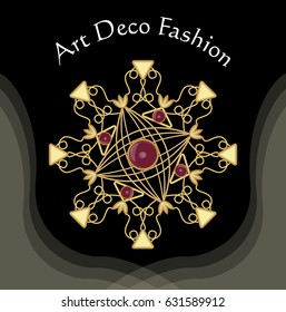 Art deco filigree golden brooch with red gems ruby or garnet, fashion in victorian style, antique gold jewelry
