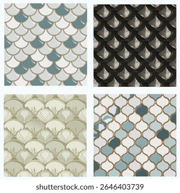 Art Deco Fish Scale Pattern Tiles, set of 4 seamless white and light gray vector backgrounds with gold trim in geometric fish scales design, perfect for wallpaper, tiles and decor