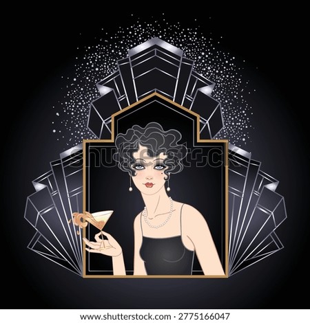 Art Deco flapper girl portrait in silver tones on black background with geometric ornament. Elegant Roaring Twenties style with glamorous vintage fashion