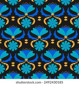 Art Deco floral seamless pattern. Abstract colorful flowers and leaves ornament in ethnic style. Vector illustration for textile, fabric, wrapping paper in trendy retro style.