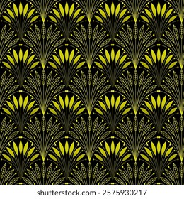 Art Deco floral seamless pattern. Geometric decorative texture with leaves. Vector illustration, yellow leaves on black background.