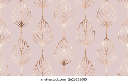 Art deco floral seamless pattern with rose gold glitter buds.