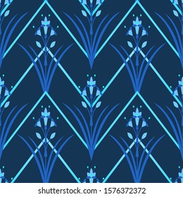 art deco floral symmetrical ornament. Flat abstract decorative flowers seamless pattern. Fashion design for interior wallpaper, fabric, textile, wrapping, surface, paper.