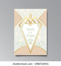 Art Deco, floral wedding invitation, golden white luxury elegant retro. Save the date poster, geometric greeting card invite. Modern abstract elements vector illustration design with roses and bokeh