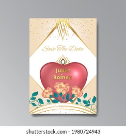 Art Deco, floral wedding invitation, golden white luxury elegant retro. Save the date poster, geometric greeting card invite. Modern abstract elements vector illustration design with roses and bokeh