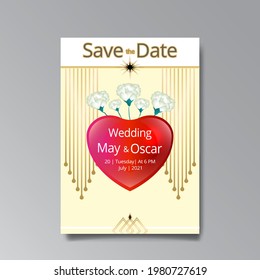 Art Deco, floral wedding invitation, golden beige luxury elegant retro. Save the date poster, geometric greeting card invite. Modern abstract elements vector illustration design with roses and bokeh