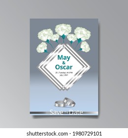 Art Deco, floral wedding invitation, silver white luxury elegant retro. Save the date poster, geometric greeting card invite. Modern abstract elements vector illustration design with roses and bokeh