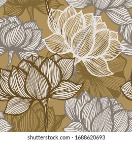 Art deco flower pattern. Flower gold line art. Vector floral background.