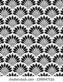 Art deco with flowers. Seamless pattern with fan tiles. Floral repeating stylish texture. Abstract leaves backdrop. Endless texture use for decoration, fabric, background, wallpaper, paper and design 