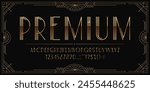 Art deco font, golden type, 1920s elegant typeface, vintage English alphabet with gold letters in sophisticated opulent style. Vector linear ornate uppercase abc script, numerals, special characters