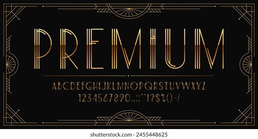 Fuente Art deco, tipo dorado, tipo de letra elegante de los años 20, alfabeto inglés vintage con letras doradas en estilo opulento sofisticado. Vector lineal adornado en mayúsculas abc script, números, caracteres especiales