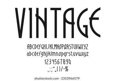 Art deco font, retro romantic typeface, nouveau type, elegant letters alphabet. Vintage typography vector numbers, uppercase and lowercase letters. Monochrome abc font, luxury alphabet characters set