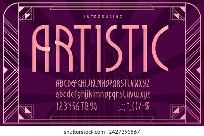 Art deco font, retro romantic pink typeface, nouveau type, elegant english alphabet. Vector uppercase letters, signs or numbers with clean lines. Elegant vintage abc, antique typography typeset