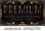 Art deco font type or golden 1920s elegant typeface and vintage alphabet, vector English letters. Art deco font in 20s retro vintage style, art nouveau type with golden classic typeface letters