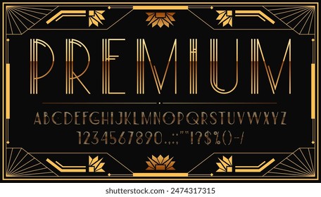 Tipo de letra Art deco o dorado tipo de letra elegante de los años 20 y alfabeto vintage, letras inglesas de Vector. Fuente Art deco en estilo retro vintage de los años 20, tipo art nouveau con letras doradas de tipografía clásica