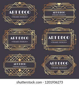 Art deco frame. Antique golden label, luxury gold business card letter title and vintage ornaments frames poster old classic insignia logo design isolated vector elements set