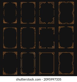 Art deco frame and border ornament set. Gold Japanese pattern. Luxurious decorative design elements. Geometric golden label frame, gold frames, vintage antique elegant design set. Vector illustration.