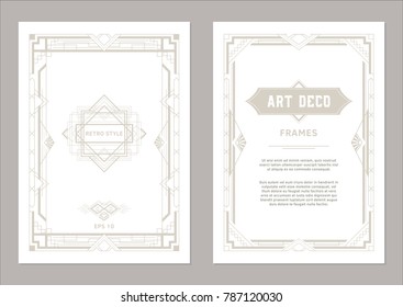 Art Deco frame design. Geometric frames for wedding invitations, cards and posters light gold color on white background. Vintage style.