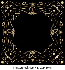 Art deco frame with embossed patterns on black background, filigree decorative border, vintage decoration with curly curves, blank area for own text, vector design