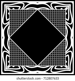 art deco frame with floral border, hexagon grid. vector illustration. black, white color