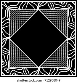 art deco frame with floral border, hexagon grid. vector illustration. black, white color