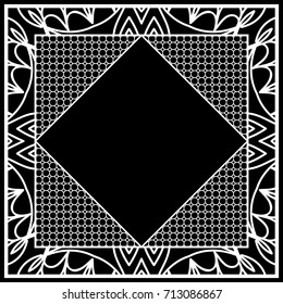 art deco frame with floral border, hexagon grid. vector illustration. black, white color
