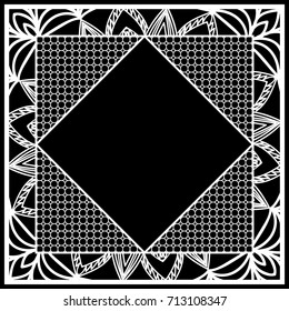 art deco frame with floral border, hexagon grid. vector illustration. black, white color
