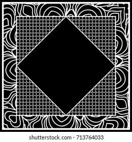 art deco frame with floral border, hexagon grid. vector illustration. black, white color