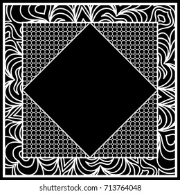 art deco frame with floral border, hexagon grid. vector illustration. black, white color
