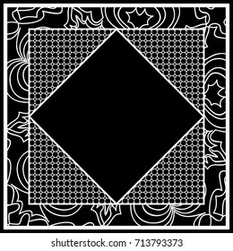 art deco frame with floral border, hexagon grid. vector illustration. black, white color