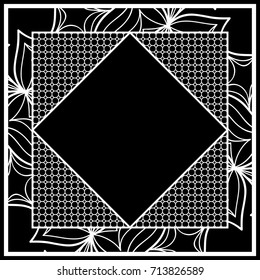 art deco frame with floral border, hexagon grid. vector illustration. black, white color