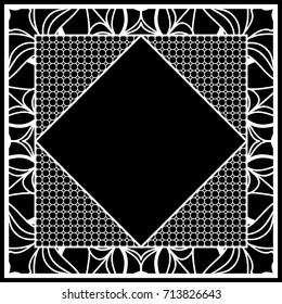 art deco frame with floral border, hexagon grid. vector illustration. black, white color