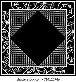 art deco frame with floral border, hexagon grid. vector illustration. black, white color