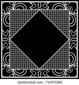 art deco frame with floral border, hexagon grid. vector illustration. black, white color