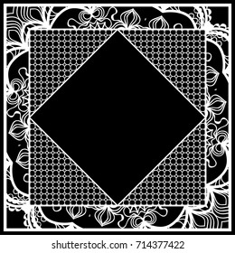 art deco frame with floral border, hexagon grid. vector illustration. black, white color