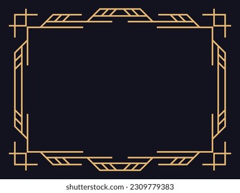 Art deco frame. Line art frame in gold color on a black background. Vintage linear border. Create a template for invitations, flyers and greeting cards. Style 1920s - 1930s. Vector illustration