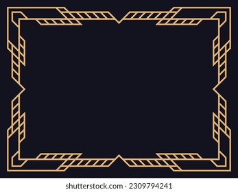 Art deco frame. Line art frame in gold color on a black background. Vintage linear border. Create a template for invitations, flyers and greeting cards. Style 1920s - 1930s. Vector illustration