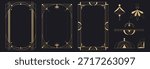 Art deco frame set with geometric golden borders and elegant ornamental patterns on dark backdrop. Luxury vintage gatsby style designs with linear art elements and decorative motifs for invitations.