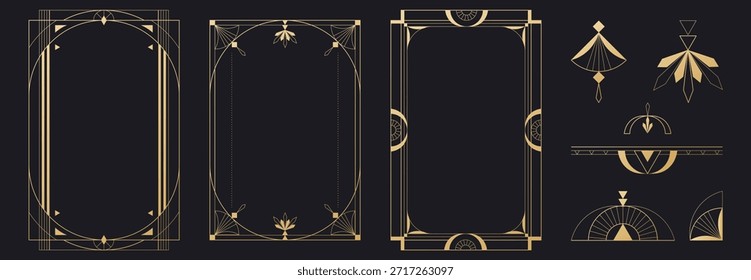 Conjunto de marco art deco con bordes dorados geométricos y elegantes patrones ornamentales sobre fondo oscuro. Diseños de estilo gatsby vintage de lujo con Elementos de arte lineal y motivos decorativos para invitaciones.