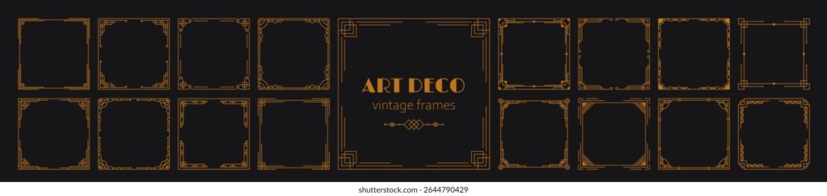 Art deco frame set. Gold antique vintage frames, decorative luxury square borders with elegant geometric lines, golden retro modern elements. Vector collection.