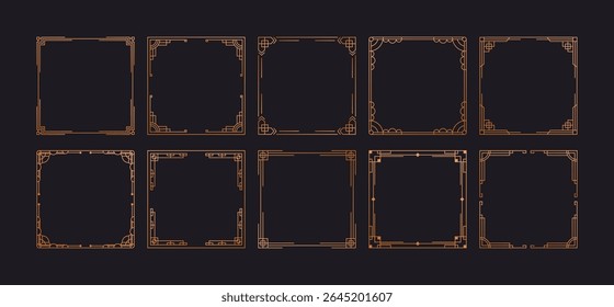 Art deco frame set. Gold antique vintage frames, decorative luxury borders with elegant geometric lines, golden retro modern elements. Vector collection.