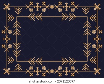 Art deco frame with snowflakes. Christmas linear border, line art. Template design for greeting card Merry Christmas and Happy New Year. The style of the 1920s - 1930s. Vector illustration