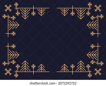 Art deco frame with snowflakes. Christmas linear border, line art. Template design for greeting card Merry Christmas and Happy New Year. The style of the 1920s - 1930s. Vector illustration