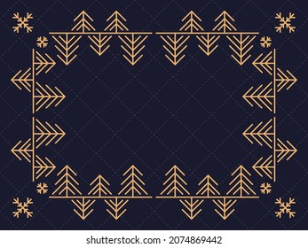 Art deco frame with snowflakes. Christmas linear border, line art. Template design for greeting card Merry Christmas and Happy New Year. The style of the 1920s - 1930s. Vector illustration