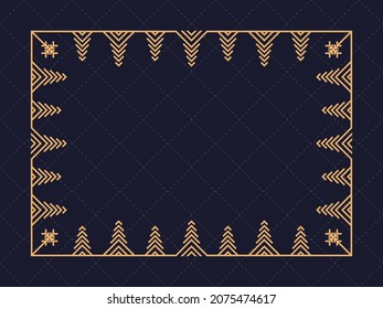 Art deco frame with snowflakes. Christmas linear border, line art. Template design for greeting card Merry Christmas and Happy New Year. The style of the 1920s - 1930s. Vector illustration