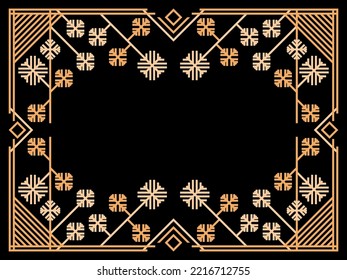 Art deco frame with snowflakes. Vintage linear border in 1920s and 1930s style. Christmas frame design a template for invitations, leaflets and greeting cards. Vector illustration