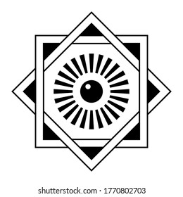 Art deco frame. Star of David template with eye in the center. Interlocking square and diamond, side of a square is infused with the sides of a rhombus. Vector monochrome illustration.